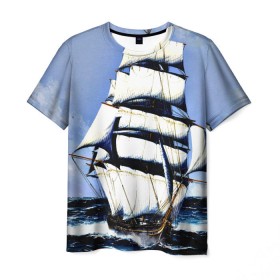 Мужская футболка 3D с принтом Парусник в Санкт-Петербурге, 100% полиэфир | прямой крой, круглый вырез горловины, длина до линии бедер | blue | волны | корабль | море | океан