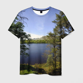 Мужская футболка 3D с принтом сосны в Санкт-Петербурге, 100% полиэфир | прямой крой, круглый вырез горловины, длина до линии бедер | берег | горы | лес | море | озеро | океан | сосны | тайга