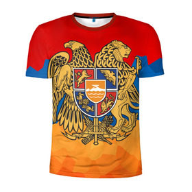 Мужская футболка 3D спортивная с принтом Армения в Санкт-Петербурге, 100% полиэстер с улучшенными характеристиками | приталенный силуэт, круглая горловина, широкие плечи, сужается к линии бедра | Тематика изображения на принте: герб | флаг