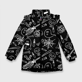 Зимняя куртка для девочек 3D с принтом Призрачный арт в Санкт-Петербурге, ткань верха — 100% полиэстер; подклад — 100% полиэстер, утеплитель — 100% полиэстер. | длина ниже бедра, удлиненная спинка, воротник стойка и отстегивающийся капюшон. Есть боковые карманы с листочкой на кнопках, утяжки по низу изделия и внутренний карман на молнии. 

Предусмотрены светоотражающий принт на спинке, радужный светоотражающий элемент на пуллере молнии и на резинке для утяжки. | ведьма | призраки | тыквы | хеллоуин | черепа