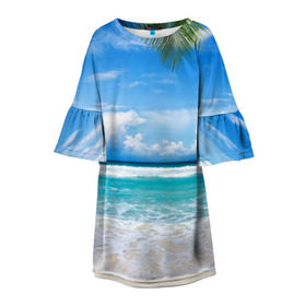 Детское платье 3D с принтом Карибский пляж в Санкт-Петербурге, 100% полиэстер | прямой силуэт, чуть расширенный к низу. Круглая горловина, на рукавах — воланы | Тематика изображения на принте: волны | лето | море | океан | отдых | пальма | пляж | солнце