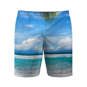 Мужские шорты 3D спортивные с принтом Карибский пляж в Санкт-Петербурге,  |  | волны | лето | море | океан | отдых | пальма | пляж | солнце
