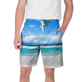 Мужские шорты 3D с принтом Карибский пляж в Санкт-Петербурге,  полиэстер 100% | прямой крой, два кармана без застежек по бокам. Мягкая трикотажная резинка на поясе, внутри которой широкие завязки. Длина чуть выше колен | волны | лето | море | океан | отдых | пальма | пляж | солнце