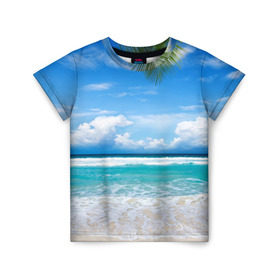 Детская футболка 3D с принтом Карибский пляж в Санкт-Петербурге, 100% гипоаллергенный полиэфир | прямой крой, круглый вырез горловины, длина до линии бедер, чуть спущенное плечо, ткань немного тянется | Тематика изображения на принте: волны | лето | море | океан | отдых | пальма | пляж | солнце