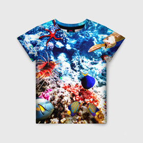 Детская футболка 3D с принтом Аква мир в Санкт-Петербурге, 100% гипоаллергенный полиэфир | прямой крой, круглый вырез горловины, длина до линии бедер, чуть спущенное плечо, ткань немного тянется | blue | вода | волна | волны | море | океан | природа | рыбы