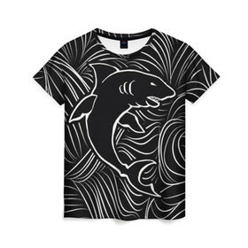 Женская футболка 3D с принтом Акула в в морской пучине в Санкт-Петербурге, 100% полиэфир ( синтетическое хлопкоподобное полотно) | прямой крой, круглый вырез горловины, длина до линии бедер | волна | линия | черный