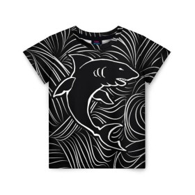 Детская футболка 3D с принтом Акула в в морской пучине в Санкт-Петербурге, 100% гипоаллергенный полиэфир | прямой крой, круглый вырез горловины, длина до линии бедер, чуть спущенное плечо, ткань немного тянется | волна | линия | черный
