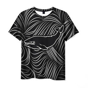 Мужская футболка 3D с принтом Кит в морской пучине в Санкт-Петербурге, 100% полиэфир | прямой крой, круглый вырез горловины, длина до линии бедер | арт | белый | волна | волны | кит | классно | круто | линия | море | рисунок | черный | черта