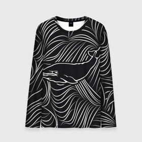 Мужской лонгслив 3D с принтом Кит в морской пучине в Санкт-Петербурге, 100% полиэстер | длинные рукава, круглый вырез горловины, полуприлегающий силуэт | арт | белый | волна | волны | кит | классно | круто | линия | море | рисунок | черный | черта