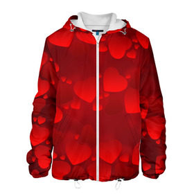 Мужская куртка 3D с принтом Красные сердца в Санкт-Петербурге, ткань верха — 100% полиэстер, подклад — флис | прямой крой, подол и капюшон оформлены резинкой с фиксаторами, два кармана без застежек по бокам, один большой потайной карман на груди. Карман на груди застегивается на липучку | heart | red | любовь | орнамент | сердце | узор