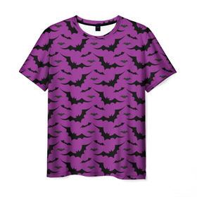 Мужская футболка 3D с принтом Стая летучих мышей в Санкт-Петербурге, 100% полиэфир | прямой крой, круглый вырез горловины, длина до линии бедер | bat | классно | круто | летучая | мышь | стильно | текстура | фиолетовый | фон | черный