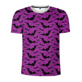 Мужская футболка 3D спортивная с принтом Стая летучих мышей в Санкт-Петербурге, 100% полиэстер с улучшенными характеристиками | приталенный силуэт, круглая горловина, широкие плечи, сужается к линии бедра | bat | классно | круто | летучая | мышь | стильно | текстура | фиолетовый | фон | черный