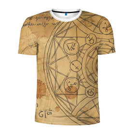 Мужская футболка 3D спортивная с принтом Дневник алхимика в Санкт-Петербурге, 100% полиэстер с улучшенными характеристиками | приталенный силуэт, круглая горловина, широкие плечи, сужается к линии бедра | алхимик | алхимия | магия | формулы