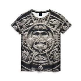 Женская футболка 3D с принтом Календарь ацтеков в Санкт-Петербурге, 100% полиэфир ( синтетическое хлопкоподобное полотно) | прямой крой, круглый вырез горловины, длина до линии бедер | ацтеки | древняя цивилизация | индейцы | майя | южная америка
