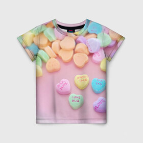 Детская футболка 3D с принтом конфеты в Санкт-Петербурге, 100% гипоаллергенный полиэфир | прямой крой, круглый вырез горловины, длина до линии бедер, чуть спущенное плечо, ткань немного тянется | candy | драже | конфеты | леденцы | сахар | сладости