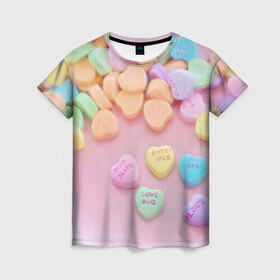 Женская футболка 3D с принтом конфеты в Санкт-Петербурге, 100% полиэфир ( синтетическое хлопкоподобное полотно) | прямой крой, круглый вырез горловины, длина до линии бедер | Тематика изображения на принте: candy | драже | конфеты | леденцы | сахар | сладости