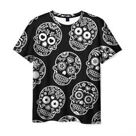 Мужская футболка 3D с принтом Черепа в Санкт-Петербурге, 100% полиэфир | прямой крой, круглый вырез горловины, длина до линии бедер | день мертвых | мексика | паттерн | традиция | узоры | цветы | черно белый