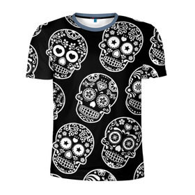 Мужская футболка 3D спортивная с принтом Черепа в Санкт-Петербурге, 100% полиэстер с улучшенными характеристиками | приталенный силуэт, круглая горловина, широкие плечи, сужается к линии бедра | день мертвых | мексика | паттерн | традиция | узоры | цветы | черно белый