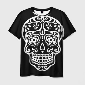 Мужская футболка 3D с принтом Мексиканский череп в Санкт-Петербурге, 100% полиэфир | прямой крой, круглый вырез горловины, длина до линии бедер | день мертвых | мексика | традция | узоры | цветы | черный