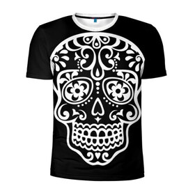 Мужская футболка 3D спортивная с принтом Мексиканский череп в Санкт-Петербурге, 100% полиэстер с улучшенными характеристиками | приталенный силуэт, круглая горловина, широкие плечи, сужается к линии бедра | день мертвых | мексика | традция | узоры | цветы | черный
