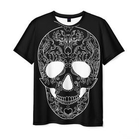 Мужская футболка 3D с принтом Мексиканский череп в Санкт-Петербурге, 100% полиэфир | прямой крой, круглый вырез горловины, длина до линии бедер | Тематика изображения на принте: день мертвых | мексика | традция | узоры | цветы | черный