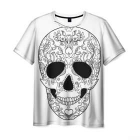 Мужская футболка 3D с принтом Мексиканский череп в Санкт-Петербурге, 100% полиэфир | прямой крой, круглый вырез горловины, длина до линии бедер | белый | день мертвых | мексика | традция | узоры | цветы