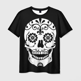 Мужская футболка 3D с принтом Мексиканский череп в Санкт-Петербурге, 100% полиэфир | прямой крой, круглый вырез горловины, длина до линии бедер | cobwebs | color | day of the dead | dead | death | eyes | girl | halloween | holiday | makeup | mask | mexican skull | mexico | ornament | pattern | взгляд | девушка | день мертвых | макияж | маска | мексика | мексиканский череп | мертвецов | орнамент | п