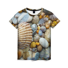 Женская футболка 3D с принтом Морские ракушки и камни в Санкт-Петербурге, 100% полиэфир ( синтетическое хлопкоподобное полотно) | прямой крой, круглый вырез горловины, длина до линии бедер | камни | море | морские камни | ракушки