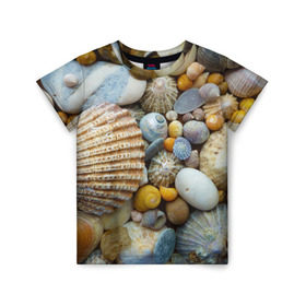 Детская футболка 3D с принтом Морские ракушки и камни в Санкт-Петербурге, 100% гипоаллергенный полиэфир | прямой крой, круглый вырез горловины, длина до линии бедер, чуть спущенное плечо, ткань немного тянется | Тематика изображения на принте: камни | море | морские камни | ракушки