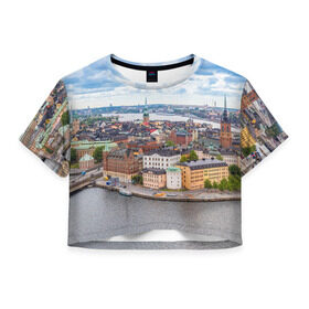 Женская футболка 3D укороченная с принтом Швеция в Санкт-Петербурге, 100% полиэстер | круглая горловина, длина футболки до линии талии, рукава с отворотами | europe | stockholm | sweden | европа | ес | каникулы | отпуск | стокгольм | туризм | швеция