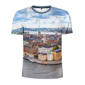 Мужская футболка 3D спортивная с принтом Швеция в Санкт-Петербурге, 100% полиэстер с улучшенными характеристиками | приталенный силуэт, круглая горловина, широкие плечи, сужается к линии бедра | europe | stockholm | sweden | европа | ес | каникулы | отпуск | стокгольм | туризм | швеция