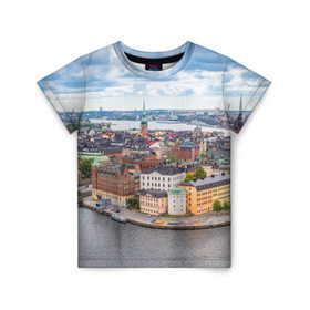 Детская футболка 3D с принтом Швеция в Санкт-Петербурге, 100% гипоаллергенный полиэфир | прямой крой, круглый вырез горловины, длина до линии бедер, чуть спущенное плечо, ткань немного тянется | europe | stockholm | sweden | европа | ес | каникулы | отпуск | стокгольм | туризм | швеция