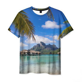 Мужская футболка 3D с принтом Бора-Бора в Санкт-Петербурге, 100% полиэфир | прямой крой, круглый вырез горловины, длина до линии бедер | архипелаг | блаженство | бора бора | бунгало | жемчужина тихого океана | загар | каникулы | море | океан | остров | отдых | отпуск | пальмы | песок | пляж | рай | сказка | солнце | таити | туризм