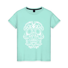 Женская футболка хлопок с принтом Мексиканский череп в Санкт-Петербурге, 100% хлопок | прямой крой, круглый вырез горловины, длина до линии бедер, слегка спущенное плечо | mexi | день мертвых | мексика | мексиканский череп | мертвецов | орнамент | праздник | узоры | цветы