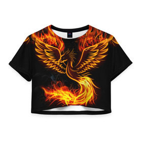 Женская футболка 3D укороченная с принтом Феникс в Санкт-Петербурге, 100% полиэстер | круглая горловина, длина футболки до линии талии, рукава с отворотами | огонь | пламя | птица