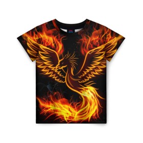 Детская футболка 3D с принтом Феникс в Санкт-Петербурге, 100% гипоаллергенный полиэфир | прямой крой, круглый вырез горловины, длина до линии бедер, чуть спущенное плечо, ткань немного тянется | огонь | пламя | птица