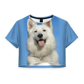 Женская футболка 3D укороченная с принтом белый пес в Санкт-Петербурге, 100% полиэстер | круглая горловина, длина футболки до линии талии, рукава с отворотами | dog | friend | взгляд | волк | друг | пес | собака | хаски