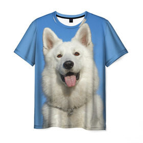 Мужская футболка 3D с принтом белый пес в Санкт-Петербурге, 100% полиэфир | прямой крой, круглый вырез горловины, длина до линии бедер | Тематика изображения на принте: dog | friend | взгляд | волк | друг | пес | собака | хаски