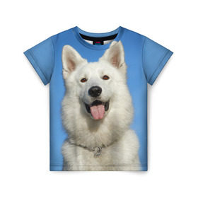 Детская футболка 3D с принтом белый пес в Санкт-Петербурге, 100% гипоаллергенный полиэфир | прямой крой, круглый вырез горловины, длина до линии бедер, чуть спущенное плечо, ткань немного тянется | Тематика изображения на принте: dog | friend | взгляд | волк | друг | пес | собака | хаски