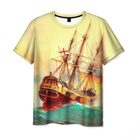 Мужская футболка 3D с принтом Парусник в Санкт-Петербурге, 100% полиэфир | прямой крой, круглый вырез горловины, длина до линии бедер | волны | исторический | корабль | море | океан