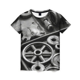 Женская футболка 3D с принтом Железо в Санкт-Петербурге, 100% полиэфир ( синтетическое хлопкоподобное полотно) | прямой крой, круглый вырез горловины, длина до линии бедер | болты | гайки | железо | механизм | стимпанк | шестеренки