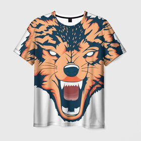 Мужская футболка 3D с принтом Red wolf в Санкт-Петербурге, 100% полиэфир | прямой крой, круглый вырез горловины, длина до линии бедер | Тематика изображения на принте: вектор | волк | глаза | голова | голод | дикий | оранжевый | охота | хищник | ярость