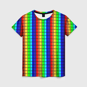 Женская футболка 3D с принтом Радуга (Полосы в мозайку) в Санкт-Петербурге, 100% полиэфир ( синтетическое хлопкоподобное полотно) | прямой крой, круглый вырез горловины, длина до линии бедер | вертикальные | жёлтый | зелёный | красный | оранжевый | полосы | радуга | синий | фиолетовый