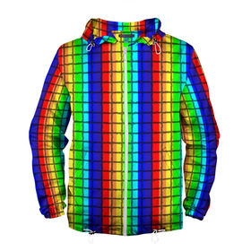 Мужская ветровка 3D с принтом Радуга (Полосы в мозайку) в Санкт-Петербурге, 100% полиэстер | подол и капюшон оформлены резинкой с фиксаторами, два кармана без застежек по бокам, один потайной карман на груди | вертикальные | жёлтый | зелёный | красный | оранжевый | полосы | радуга | синий | фиолетовый