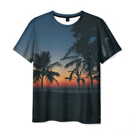 Мужская футболка 3D с принтом Пальмы в Санкт-Петербурге, 100% полиэфир | прямой крой, круглый вырез горловины, длина до линии бедер | sea | summer | берег | лето | море | океан | отдых | пальмы | пляж | солнце