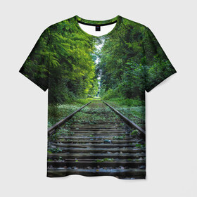 Мужская футболка 3D с принтом Лес в Санкт-Петербурге, 100% полиэфир | прямой крой, круглый вырез горловины, длина до линии бедер | forest | деревья | дорога | зелень | лес | рельсы | сосны | тайга