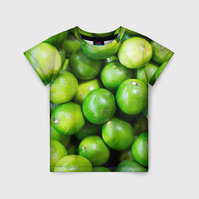 Детская футболка 3D с принтом Лаймы в Санкт-Петербурге, 100% гипоаллергенный полиэфир | прямой крой, круглый вырез горловины, длина до линии бедер, чуть спущенное плечо, ткань немного тянется | зелень | лаймы | лето | лимоны | солнце | текстура | фрукты
