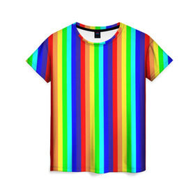 Женская футболка 3D с принтом Радуга вертикальные полосы в Санкт-Петербурге, 100% полиэфир ( синтетическое хлопкоподобное полотно) | прямой крой, круглый вырез горловины, длина до линии бедер | вертикальные | жёлтый | зелёный | красный | оранжевый | полосы | радуга | синий | фиолетовый