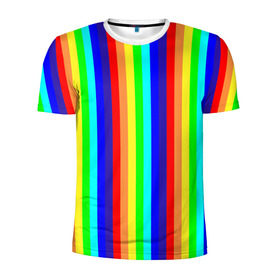 Мужская футболка 3D спортивная с принтом Радуга вертикальные полосы в Санкт-Петербурге, 100% полиэстер с улучшенными характеристиками | приталенный силуэт, круглая горловина, широкие плечи, сужается к линии бедра | вертикальные | жёлтый | зелёный | красный | оранжевый | полосы | радуга | синий | фиолетовый