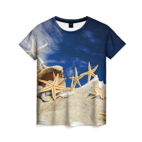 Женская футболка 3D с принтом Морской пляж 1 в Санкт-Петербурге, 100% полиэфир ( синтетическое хлопкоподобное полотно) | прямой крой, круглый вырез горловины, длина до линии бедер | море | отдых | отпуск | пляж | ракушки | туризм